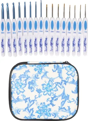 Immagine prodotto di 16pcs Set di ganci per uncinetto blu bianco porcellana aghi con impugnatura ergonomica e custodia strumenti artistici per il lavoro a maglia a mano fai da te per i principianti