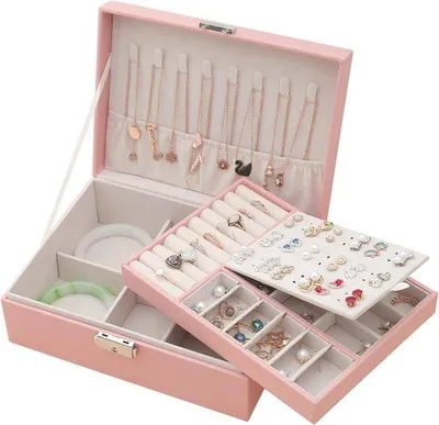 Produktbild von Unyqoos® Schmuckbox 2 Ebenen aus Kunstleder – Reise‑Schmuckkoffer mit Schloss & Schlüssel, samtgefüttert, 8 Haken & 6 Fächer für Halsketten Armbänder Ringe
