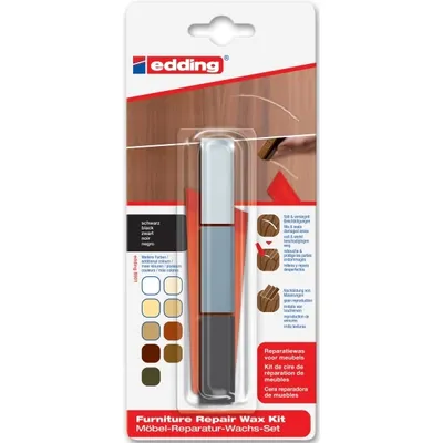 The product is a furniture repair wax kit packaged in a blister pack. The packaging shows the product and provides usage instructions and color swatches.