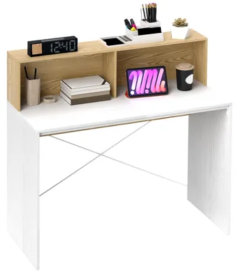 Produktbild von Schreibtisch 110 x 50 x 102,6 cm mit 2 offenen F?chern und einem Regal, wei? und naturfarbenes Holz