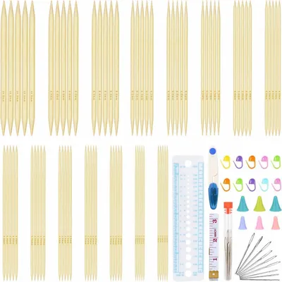 Produktbild von Bambus Stricknadeln Set 75 Stück Doppelspitzen Strickzubehör 20 cm Nadelspiel 2,0-10 mm