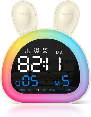 Produktbild von Digitale Wecker – Schlaf-Trainer für Kinder – Dekoration für das Kinderzimmer – Nachttischlampe mit 9 Farben – Wiederaufladbar – Cremefarbene Töne