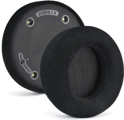 Two black ear pads for headphones are shown, with one slightly behind the other.