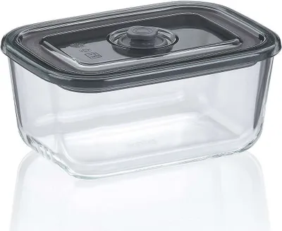 A clear glass food storage container with a gray lid is shown against a white background.