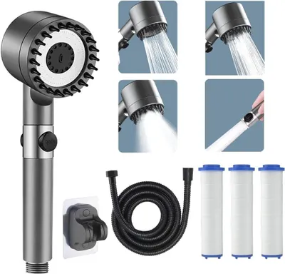 Produktbild von Duschkopf Wassersparend mit 1 Filter und 1.5m Schlauch, Sparduschkopf, Handbrause Dusche mit 4 Modi und Schalter, Multifunktionaler Verstellbarer Duschbrause Hochdruck mit Massagekopf für Badezimmer
