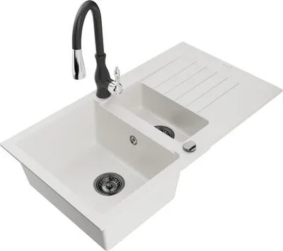 Produktbild von Mexen Matias 1,5-Becken-Granitspüle mit Abtropffläche und Mischbatterie Savita, Weiß - 6502-20-672601-70