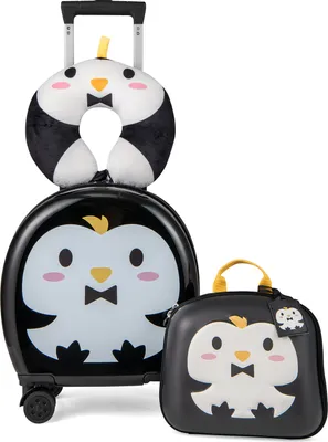Produktbild von DREAMADE 4-teiliges Kinderreisegepäck-Set mit Rollen, Kinder-Koffer-Set mit 35,5 cm Koffer, 25 cm Rucksack, Nackenstütze & Namensschild, Schwarz