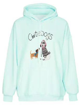 Produktbild von Damen Kapuzenpullover blau Größe L aus Polyester-Baumwoll-Mix mit Kängurutasche und geprägtem Print