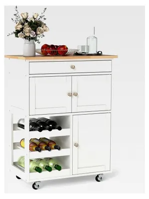 Produktbild von Küchenwagen mit Rollen, mobile Kücheninsel mit Arbeitsfläche, Küchenregal mit Flaschenablagen, Servierwagen mit Schublade, Haushaltswagen Allzweckwagen Küchentrolley (Weiß)