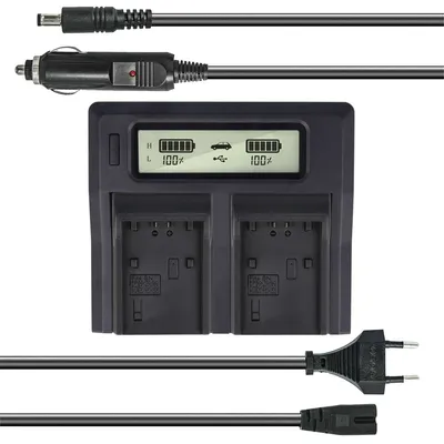 Produktbild von Dual Akku-Ladegerät kompatibel mit Sony NP-FP50, FP70, FP90, FP51, FP71, FP91, FH50, FH70, FH100 - mit USB-Anschluss, LCD-Display, Kfz-Ladekabel