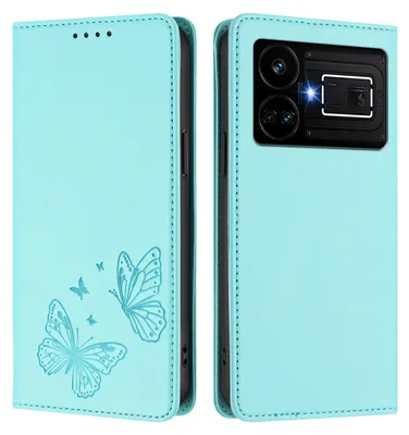 Produktbild von Lederhülle für Realme GT5 5G, Schmetterling Prägung Leder Brieftasche Schutzhülle mit Ständer Türkis
