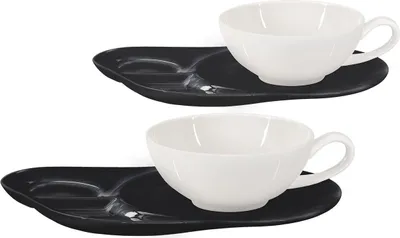 Produktbild von Buchensee Teetassen Porzellan / Teetassen Set Lena mit Ablageteller, 2 Tassen je 200ml, weiß/schwarz, Crystal Bone China