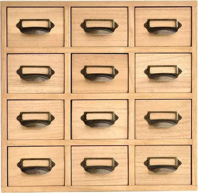 Immagine prodotto di Organizer in legno per cassetti, 12 scomparti, mini cassettiera, metallo, ufficio, naturale