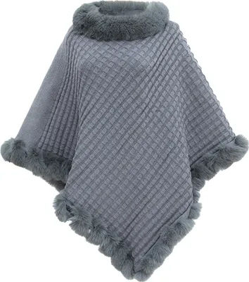 Produktbild von Dreieckschal für Damen, einfarbig, kariert, mit Kunstpelzbesatz, leicht und warm, Schultertuch, Cape