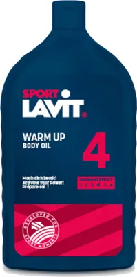 A dark blue bottle of Sport Lavit Warm-up Body Oil against a white background.