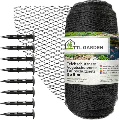Produktbild von TTL GARDEN Teichnetz 2x5m schwarz 30g/m² Vogelschutznetz HDPE engmaschig reißfest mit Bodenanker