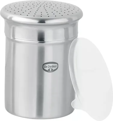 Produktbild von Dr. Oetker Puderzuckerstreuer fein, Küchenhelfer aus hochwertigem Edelstahl, zum dekorativen und schnellen Bestäuben, großes Füllvolumen, inklusive Schutzdeckel, (Farbe: silber)