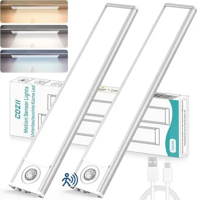 Image de COZII Unter-Unit Light Kitchen LED, 68 LED détecteur de mouvement d'éclairage d'armoire, batterie 3 températures de couleur, 3000-6500 K, dimmable USB-rechargeable