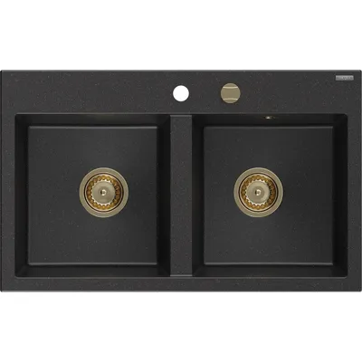Zdjęcie produktu dla Mexen Hektor zlewozmywak granitowy 2-komorowy 800 x 480 mm, czarny/srebrny metalik, syfon złoty - 6521802000-73-G