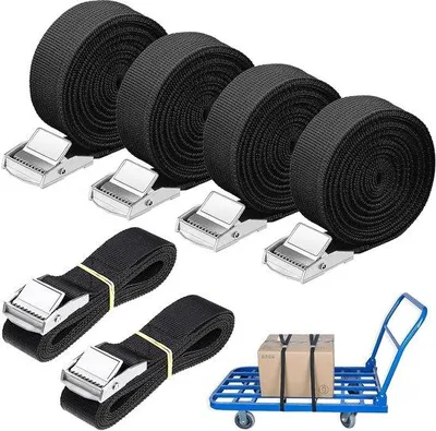 Image de Lot de 6 sangles noires, réglables, 1 m/3 m, avec boucle de serrage, capacité de charge 250 kg, pour voitures, vélos, remorques, motos