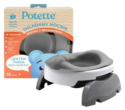 Image de Potette Siège de toilettes de voyage multifonctionnel 3-en-1 pour enfants - Compact et pliable - Toilettes de voyage pour bébé - Nettoyage facile et hygiénique Blanc/Gris