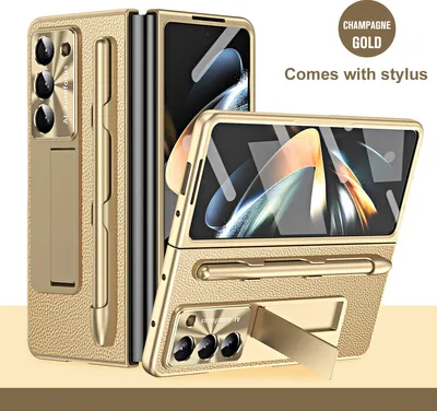 Produktbild von Hülle für Samsung Galaxy Z Fold 6 Litschi Hart PC Schutzhülle mit Displayschutz, Linsenschutz, Stander, Stifthalter Gold