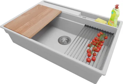 Produktbild von PRIMAGRAN Spülbecken Grau 78x53cm, Granitspüle 1 Becken + Ablauf-Set + Küchenzubehörset, Küchenspüle ab 80er Unterschrank - Oslo Pocket