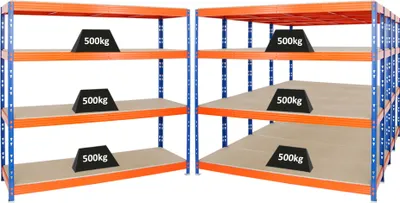 Produktbild von Mega Deal | 5x Profi Schwerlastregal Rhino | HxBxT 180x200x60cm | 4 Spanplatten-Ebenen 8mm | Fachlast 500kg | Blau-Orange