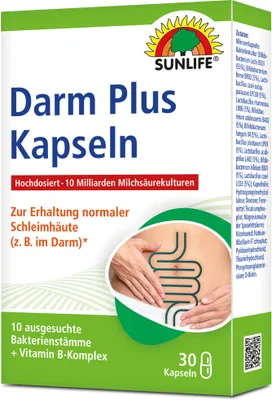 A box of SUNLIFE Darm Plus Kapseln, showing a diagram of the human digestive system.