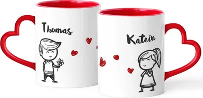 Produktbild von Partnertassen Tasse 2er Set Herz-Henkel personalisierbar mit Namen Liebe Strichmännchen persönliche Geschenke SpecialMe® rot Herz-Tasse