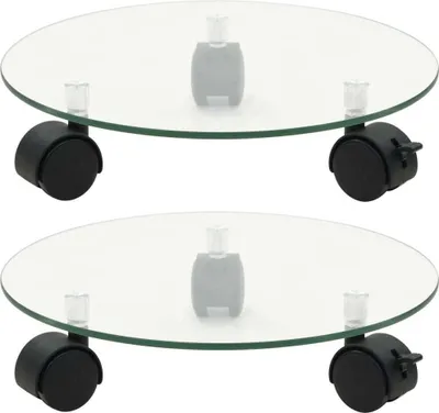 Two round glass plant stands with black wheels are shown against a white background.