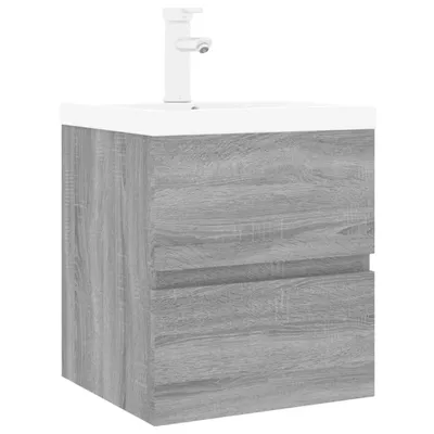 Produktbild von Badezimmer Waschtischunterschrank mit Einbaubecken, Holzwerkstoff Grau Sonoma, Keramik Weiß, wandmontiert, 41x38,5x45 cm, mit Überlauf und Wasserhahn