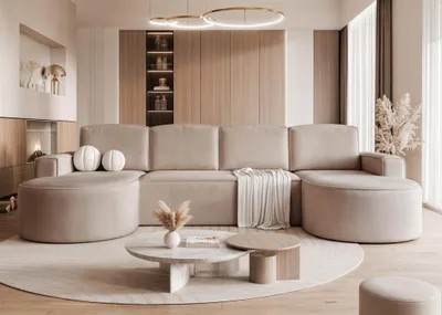 Productafbeelding van Woonkamerbank met slaapfunctie, model ARLET, bekleed met stof Riviera in de kleur beige