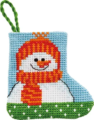 Zdjęcie produktu dla Zestaw do haftu krzyżykowego Permin Pończocha świąteczna mini "Bałwanek", wzór liczony, 7x7cm