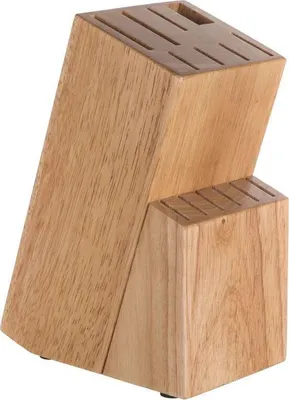 A wooden knife block with multiple slots for knives.