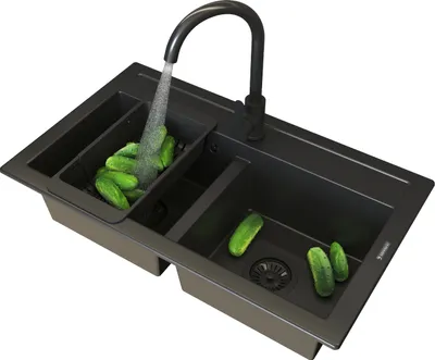 Immagine prodotto di Granitan | Lavello in granito DUET - Nero - A due vasche - Design di alta qualità - Con accessori Prestige Plus
