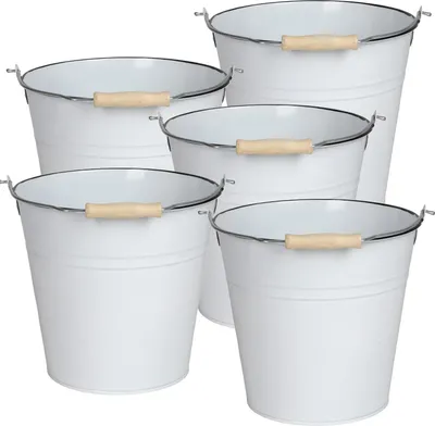 A group of five white metal buckets with wooden handles are arranged in a staggered formation against a white background.