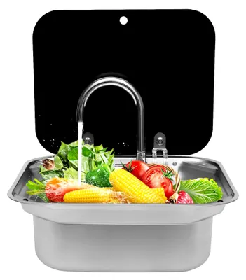 Produktbild von Camping Spüle Set für Wohnmobile, Edelstahl Waschbecken mit Glasabdeckung und Warmwasserhahn (41 x 36,5 x 16 cm)