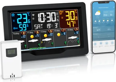 A digital weather station with an outdoor sensor and a smartphone displaying weather information.