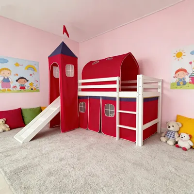 Produktbild von Hochbett mit Rutsche und Zelt 90×190 cm Kinderbett (ohne Matratze), weißes Kiefernholz, Spielbett mit Leiter und Baumwollzelt im Schlossdesign