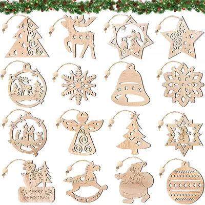 Holz-Weihnachtsanhänger, 16 Stück, verschiedene Motive, DIY-Bastelset