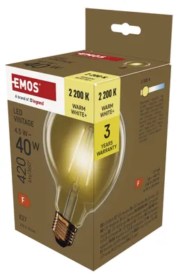 Immagine prodotto di EMOS Lampada LED Vintage Edison G95, 4,5W in sostituzione di 40W, lampadina in vetro ambrato, base E27, luminosità 420lm, bianco caldo 2200K, durata 25000h, Z52032