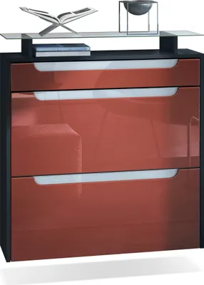 Produktbild von Vladon Schuhschrank Annie, Schuhkipper für 16 Paar Schuhe mit 2 Klappen, 1 Schublade und Glasablage, Schwarz matt/Bordeaux Hochglanz, Griffmulden in Weiß Hochglanz (89 x 95,5 x 23 cm)