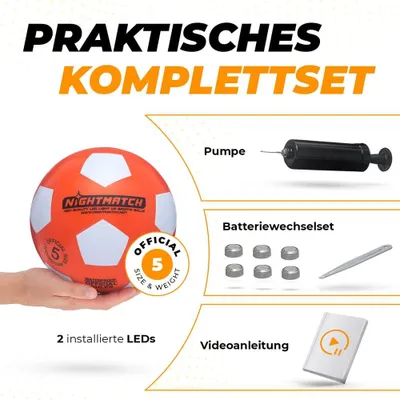 Zdjęcie produktu dla Piłka nożna NIGHTMATCH świecąca w ciemności – kompletny zestaw – pomarańczowo-biała