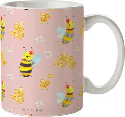Produktbild von Mr. & Mrs. Panda Dekotasse Biene Happy - Rosa - Geschenk, Kaffeebecher, Becher, Hummel, Trinkbecher, tasse für kaffee, Kaffeetasse