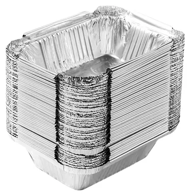 Produktbild von 50 Stück Backfolienboxen, hitzebeständig, antihaftbeschichtet, leicht zu reinigen, wasserdicht, ölabweisend, mit Papierauskleidung, vielseitig verwendbar, aus Aluminiumfolie, als Einweg-Auffangschale oder Küchenhelfer.
