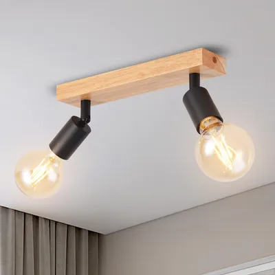 Produktbild von ANWIO LED Deckenstrahler Schwarz Holz Deckenstrahler 2 Flammig Deckenlampe E27 Deckenleuchte LED deckenlampe schwarz Vintage Wandlampe für Wohnzimmer Schlafzimmer Küche kinderzimmer Ohne Leuchtmittel