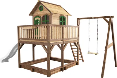 Produktbild von AXI Spielhaus Liam mit Sandkasten, Schaukel & weißer Rutsche | Stelzenhaus XXL in Braun & Grün aus  Holz für Kinder | Spielturm mit Wellenrutsche für den Garten