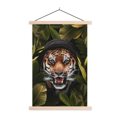 Produktbild von MuchoWow® Textilposter Tiger - Blätter - Pflanzen 40x60 cm mit holzfarbenen Rahmen - Poster