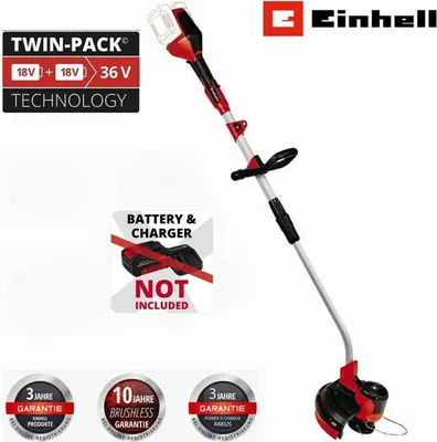 An image of a cordless grass trimmer with various marketing overlays.